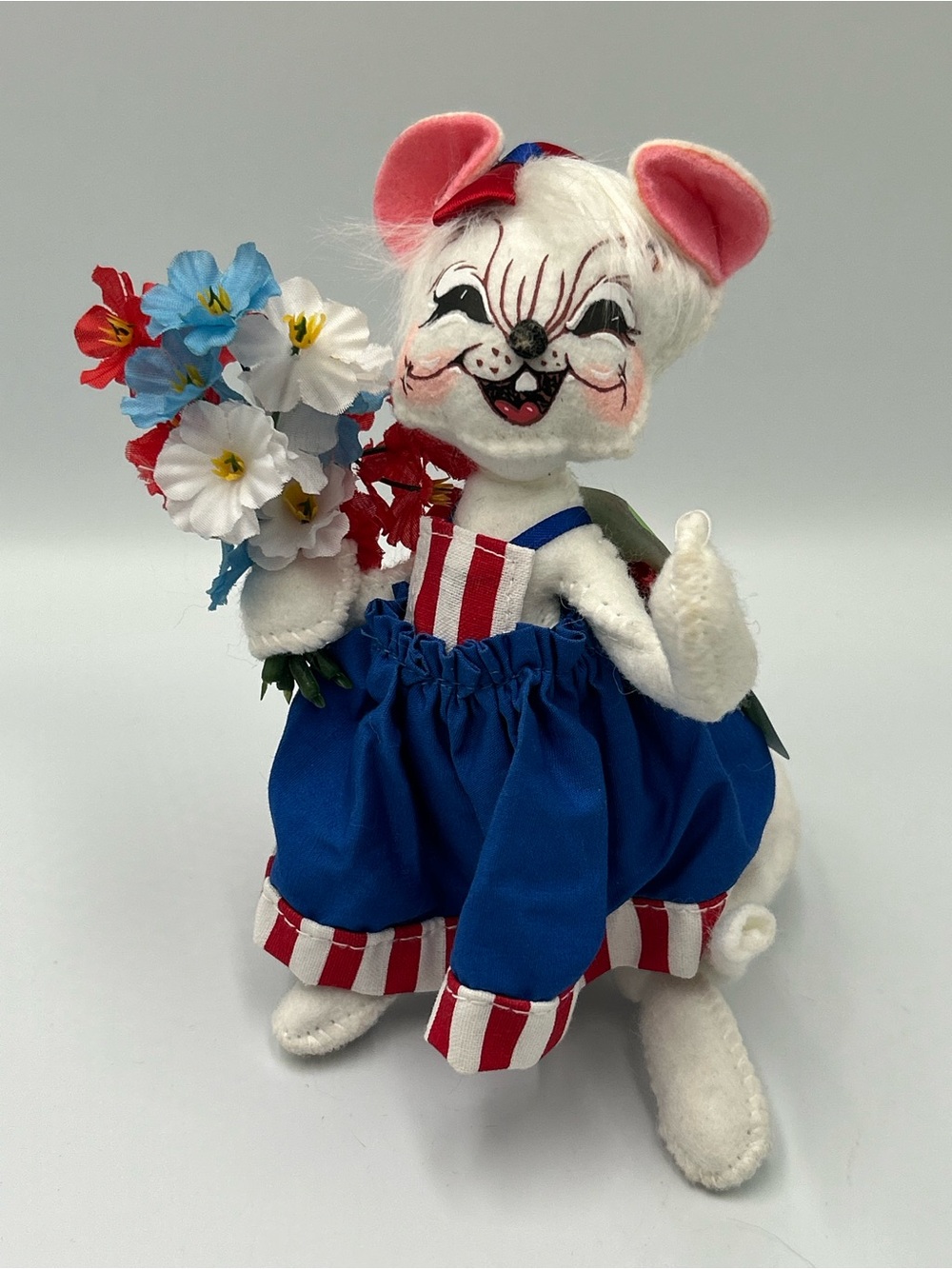 Annalee White Plush Cat Doll in Blue Dress with Red & White Accents